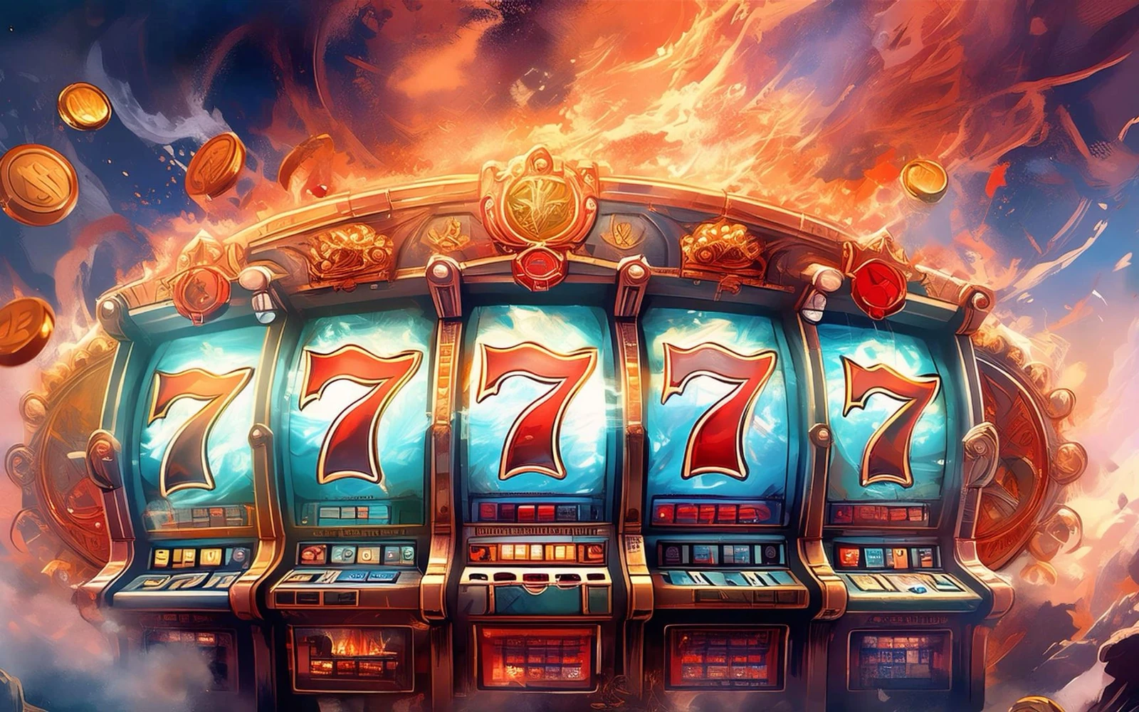 Layar video slot dengan simbol reel dan animasi tematik