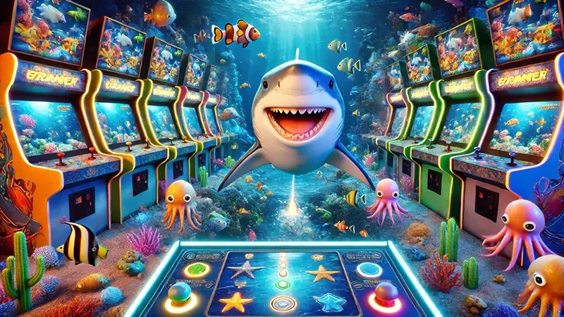 Arena permainan tembak ikan dengan meriam dan target bawah laut